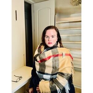 Burberry Nova Check Cashmere Scarf Red Black White Beige Fringe